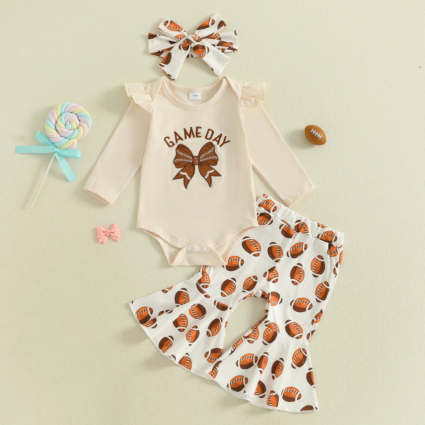 Baby Girl Football Print Romper & Flare Pants – Fall – Toddler Outfit Set