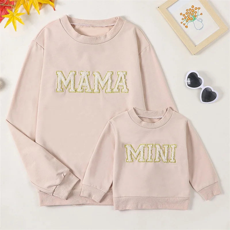 Mama and Mini Matching Outfits Letter Embroidery Long Sleeve Pullovers Fall Sweatshirt Tops