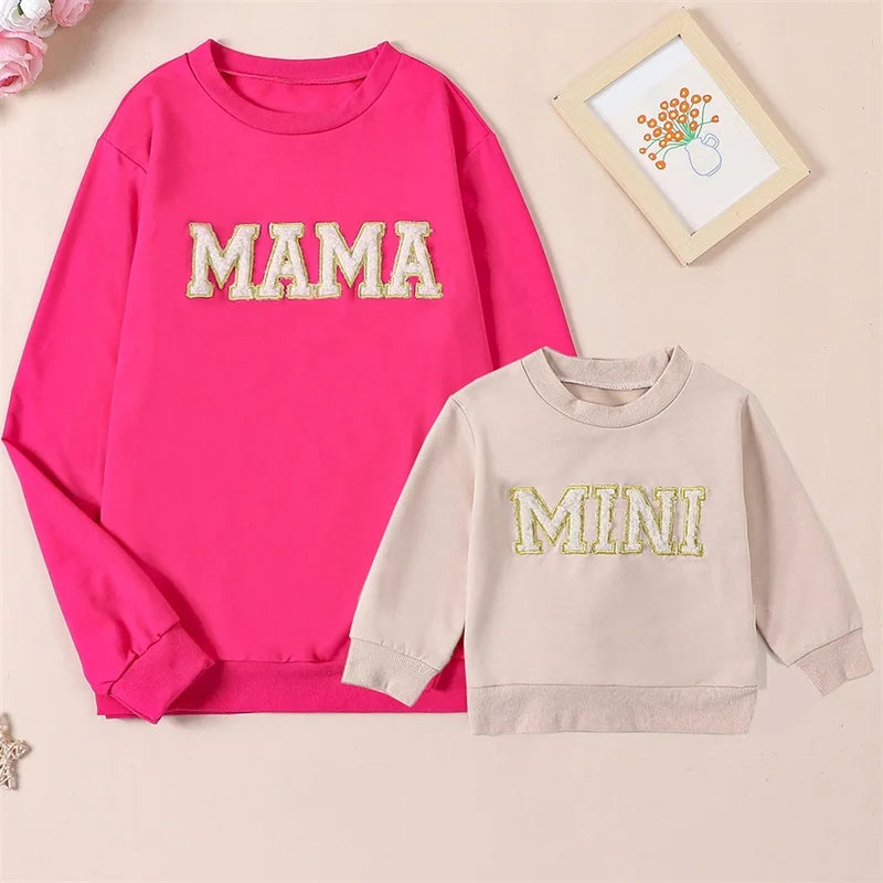 Mama and Mini Matching Outfits Letter Embroidery Long Sleeve Pullovers Fall Sweatshirt Tops