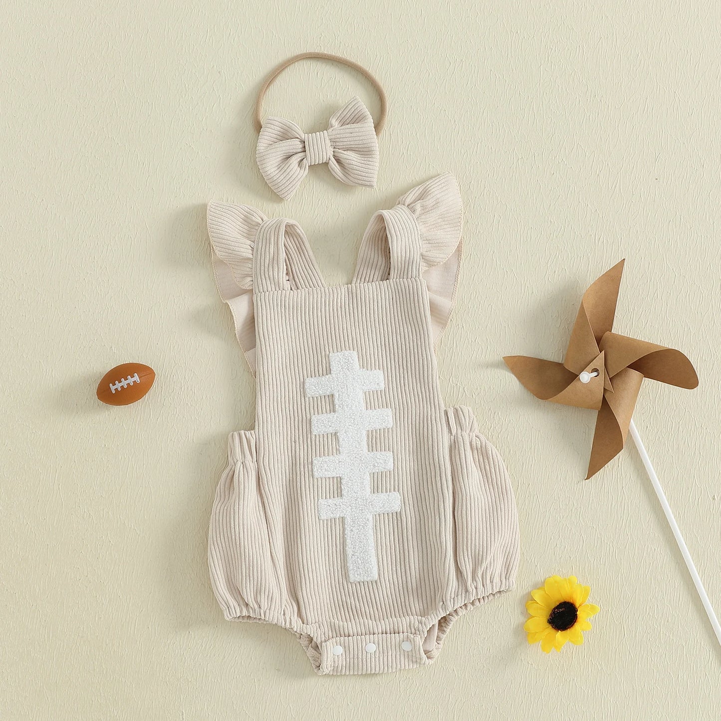 Baby Girl Football Romper & Bow Headband – Fall/Autumn – Sleeveless Outfit Set