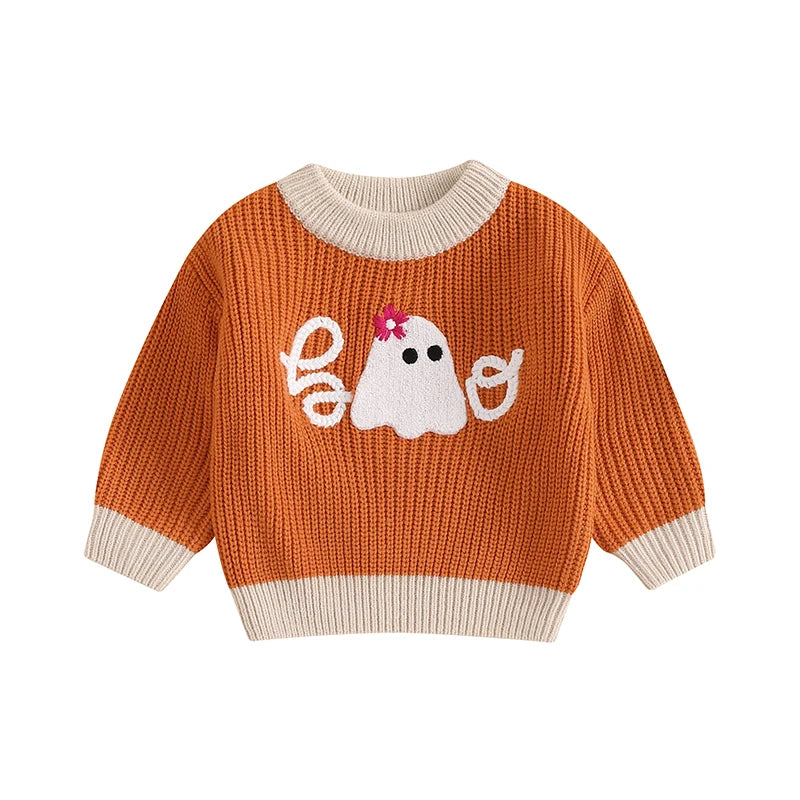 Toddler Baby Halloween Sweaters Long Sleeve Round Neck Ghost/Letter Embroidery Knit Tops Sweatshirts