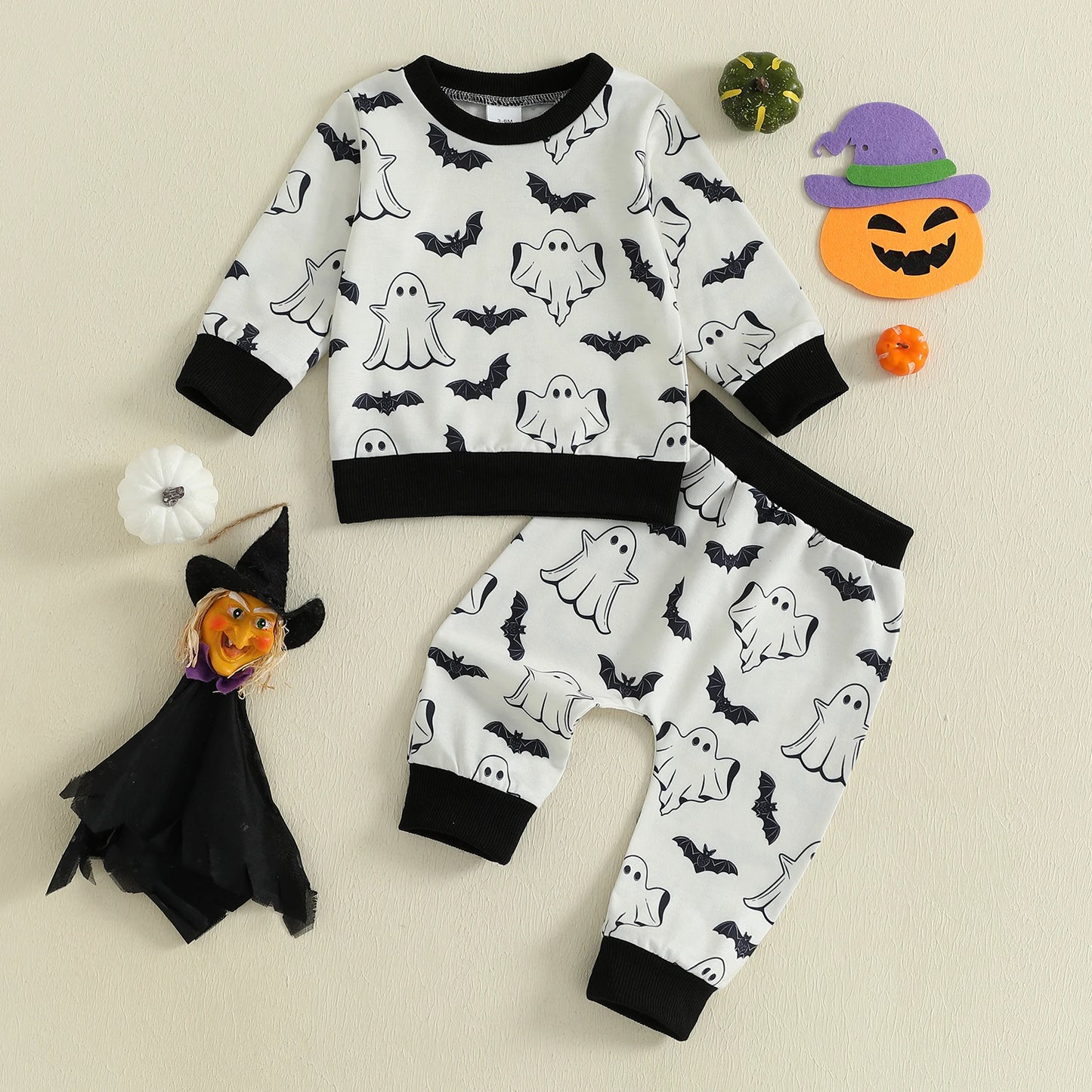 Baby Ghost & Bat Print Outfit – Halloween/Fall – Long Sleeve Sweatshirt & Pants Set