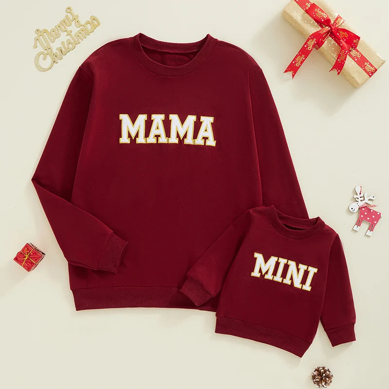 Mama and Mini Matching Outfits Letter Embroidery Long Sleeve Pullovers Fall Sweatshirt Tops