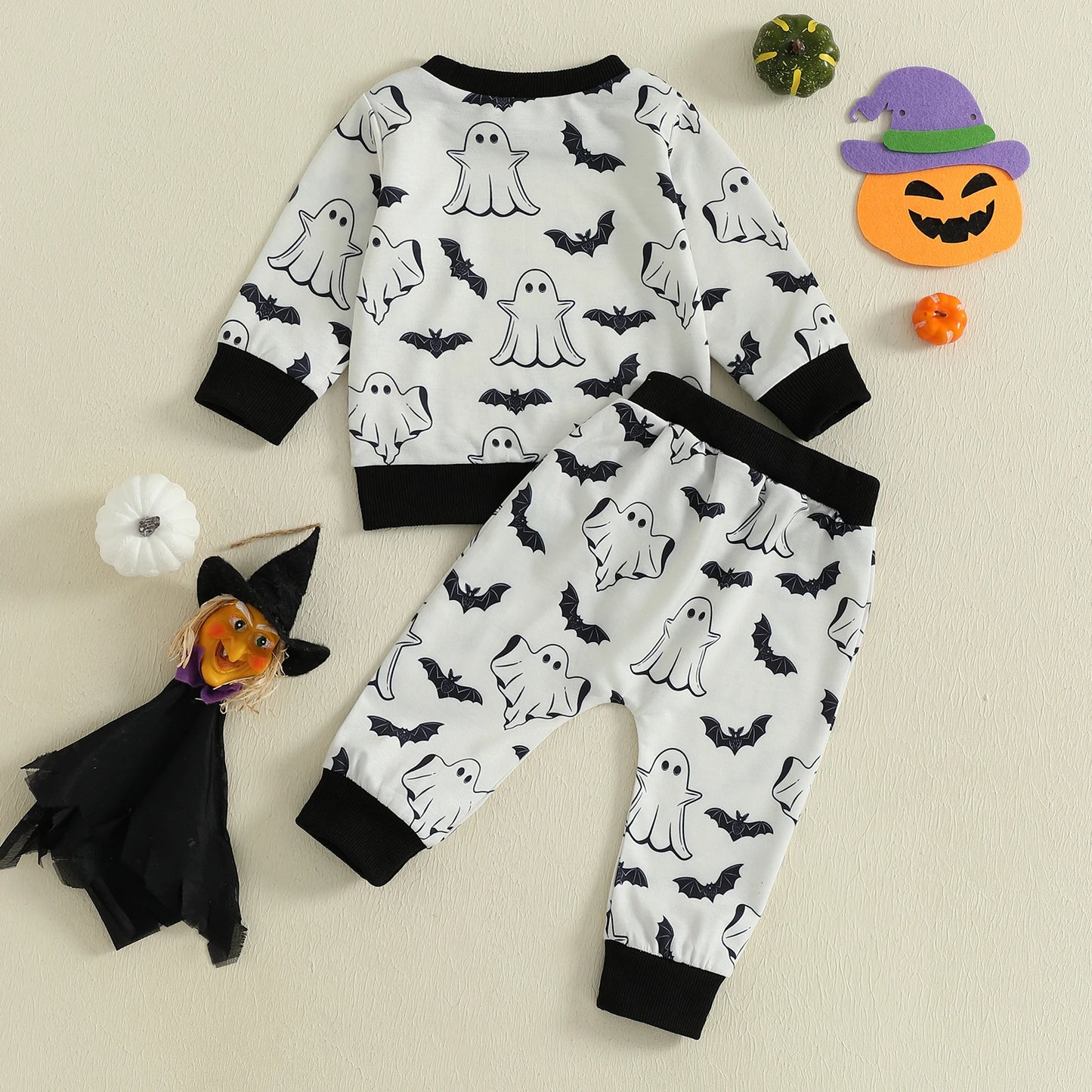 Baby Ghost & Bat Print Outfit – Halloween/Fall – Long Sleeve Sweatshirt & Pants Set
