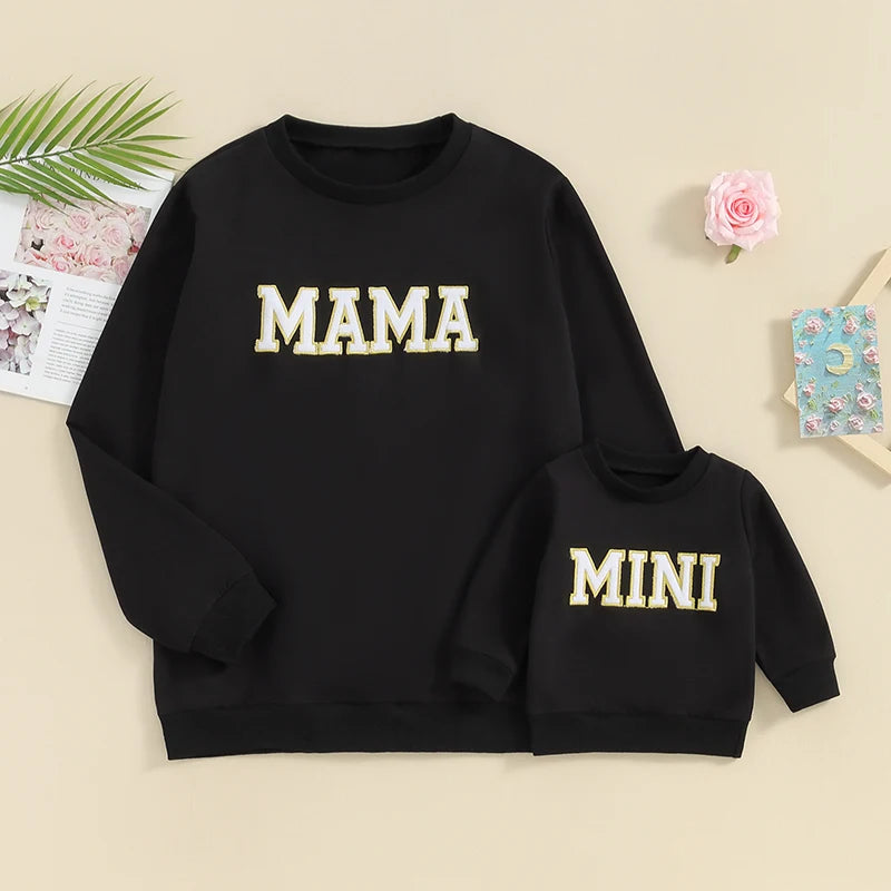 Mama and Mini Matching Outfits Letter Embroidery Long Sleeve Pullovers Fall Sweatshirt Tops