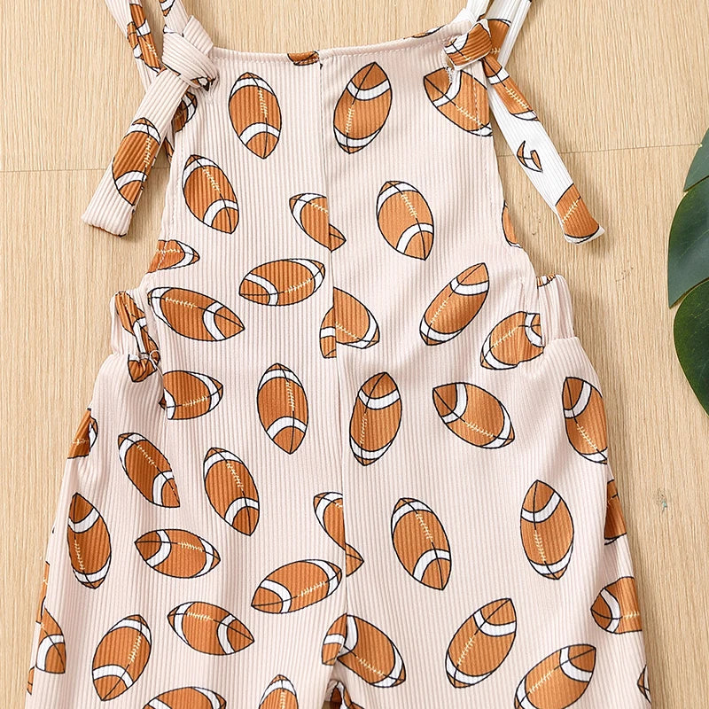 Toddler Girl Strap Jumpsuit Sleeveless Backless Football Rugby Print Romper Bell-Bottoms Romper
