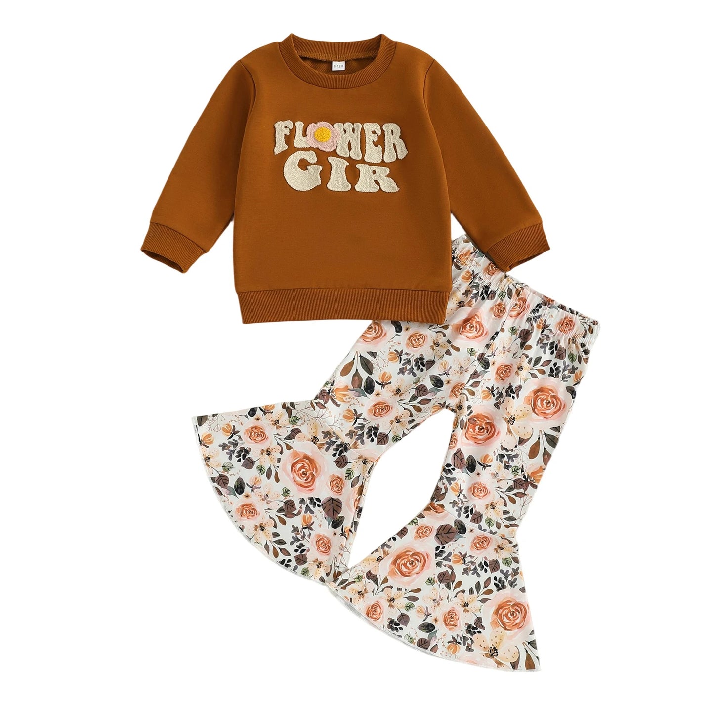Toddler Girl Floral Bell-Bottom Outfit – Fall – Letter Embroidery Pullover & Pants Set