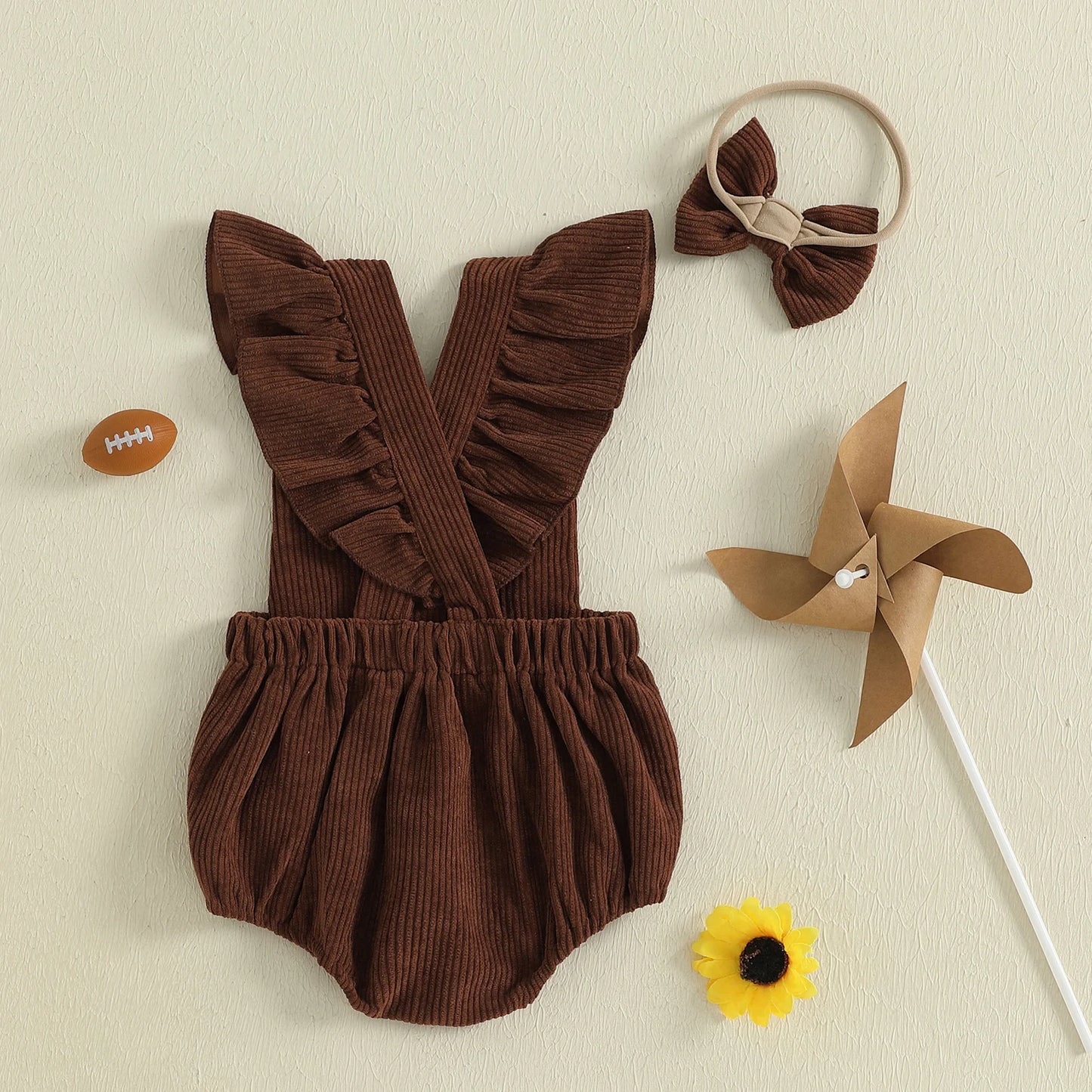 Baby Girl Football Romper & Bow Headband – Fall/Autumn – Sleeveless Outfit Set