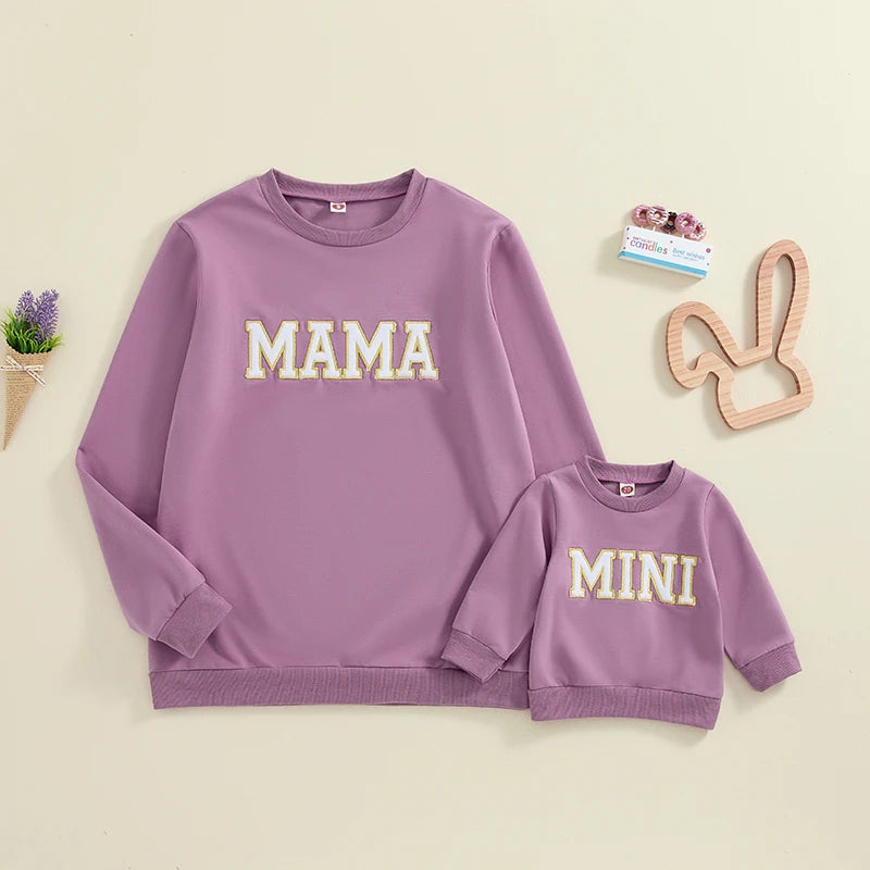 Mama and Mini Matching Outfits Letter Embroidery Long Sleeve Pullovers Fall Sweatshirt Tops