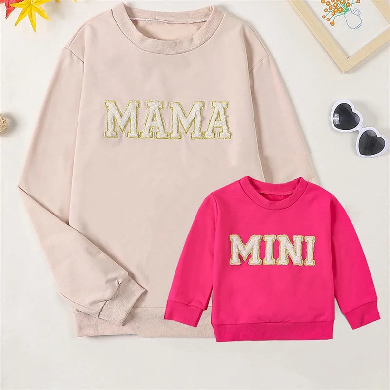Mama and Mini Matching Outfits Letter Embroidery Long Sleeve Pullovers Fall Sweatshirt Tops