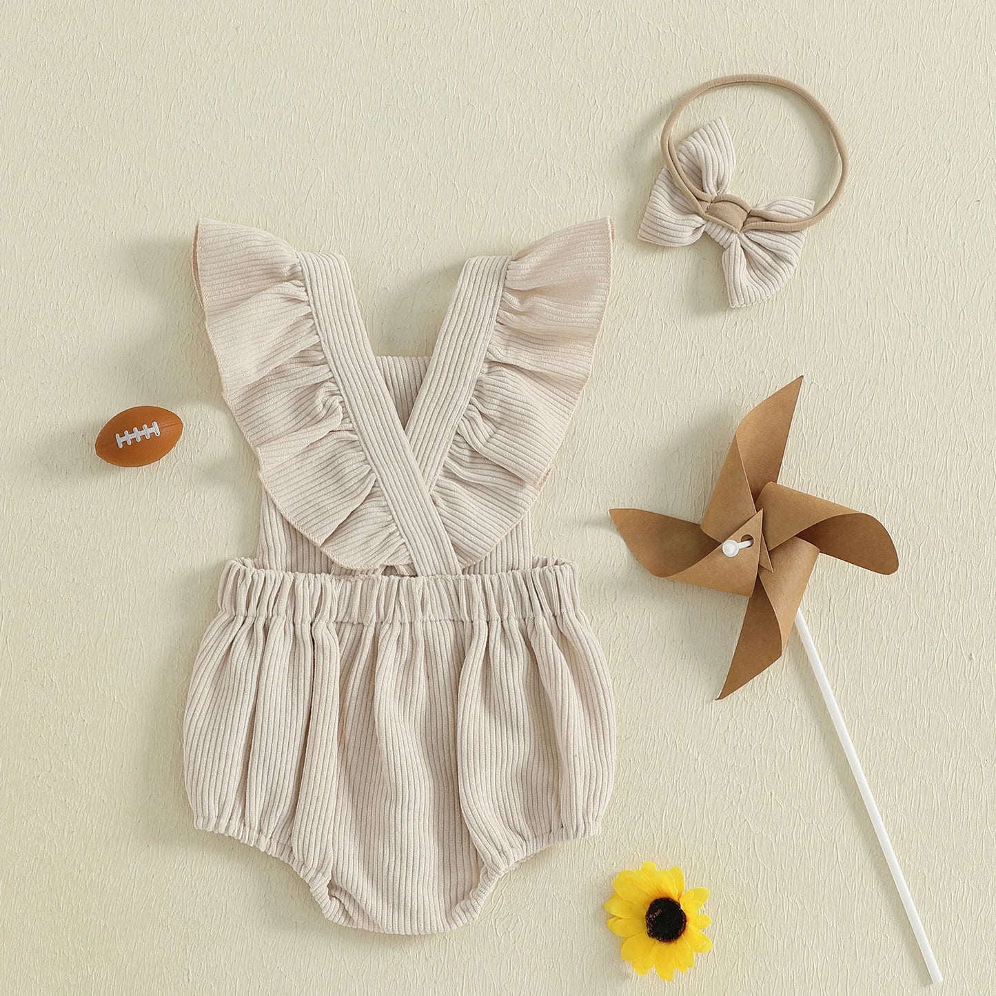 Baby Girl Football Romper & Bow Headband – Fall/Autumn – Sleeveless Outfit Set