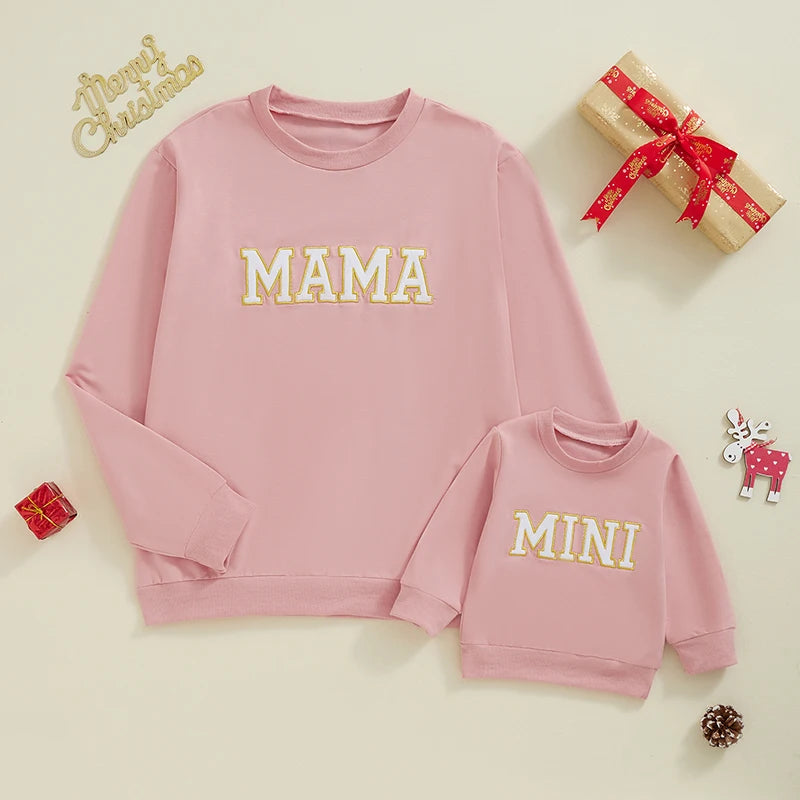 Mama and Mini Matching Outfits Letter Embroidery Long Sleeve Pullovers Fall Sweatshirt Tops