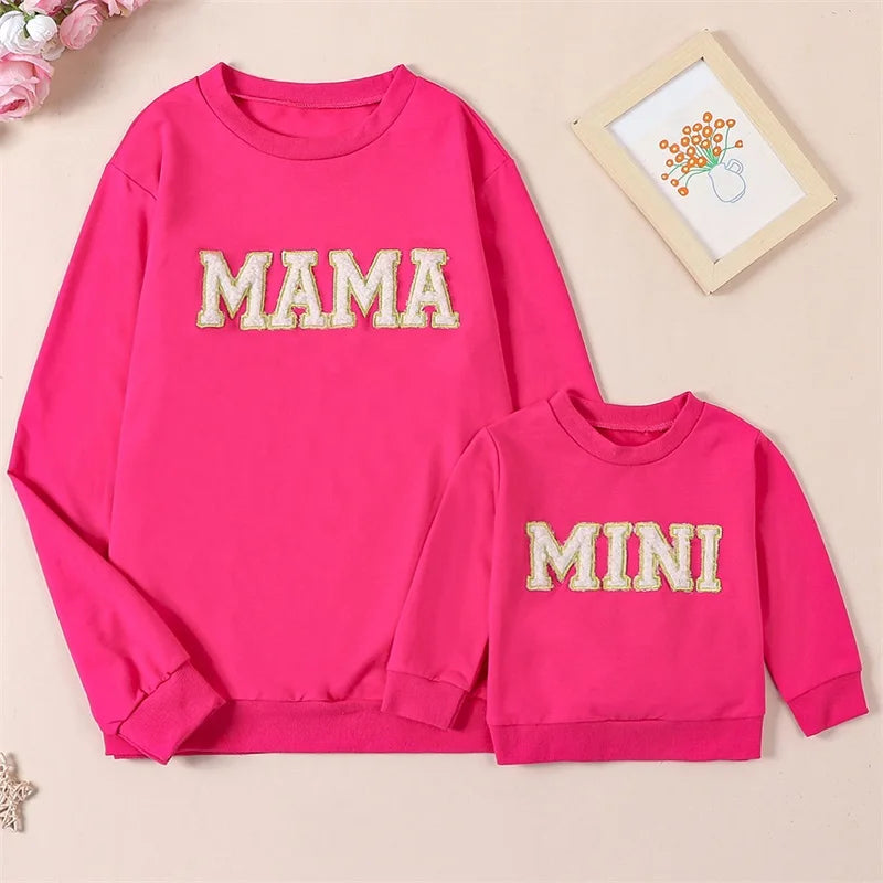 Mama and Mini Matching Outfits Letter Embroidery Long Sleeve Pullovers Fall Sweatshirt Tops