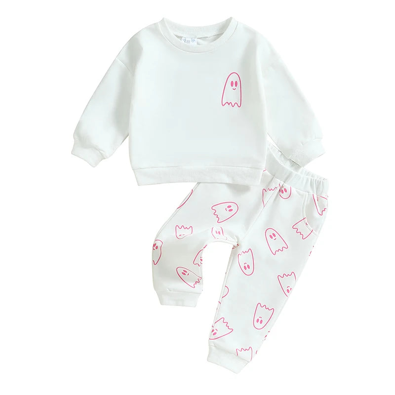 Toddler Girls Boys Fall Outfits Ghost Print Crew Neck Long Sleeve Sweatshirts Long Pants Halloween Outfit