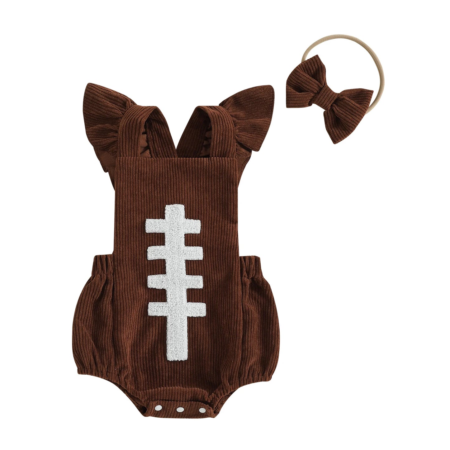 Baby Girl Football Romper & Bow Headband – Fall/Autumn – Sleeveless Outfit Set