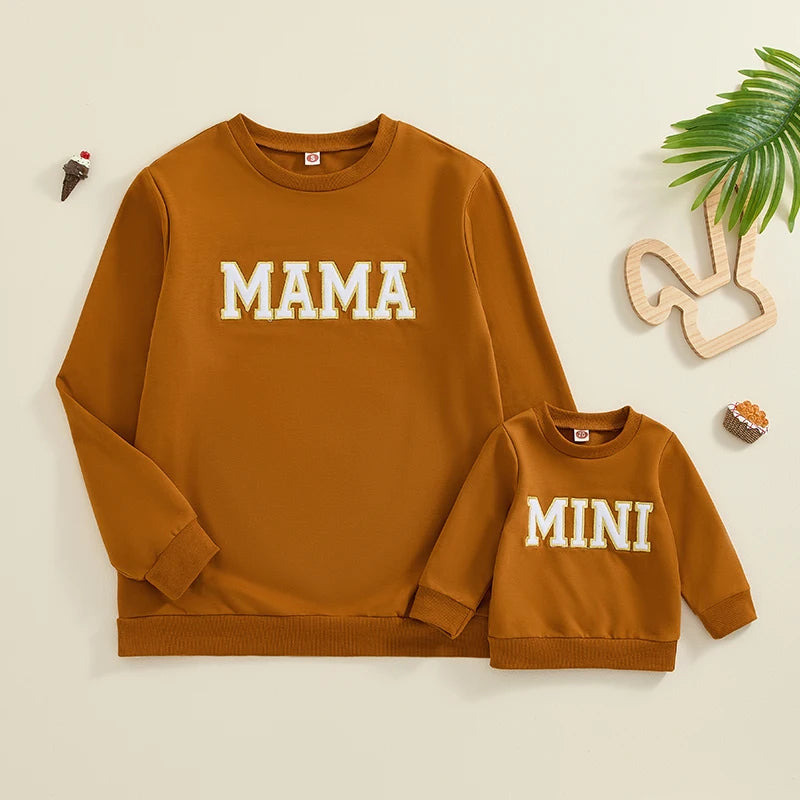 Mama and Mini Matching Outfits Letter Embroidery Long Sleeve Pullovers Fall Sweatshirt Tops