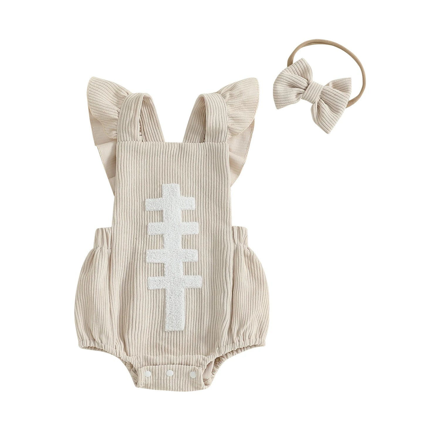 Baby Girl Football Romper & Bow Headband – Fall/Autumn – Sleeveless Outfit Set