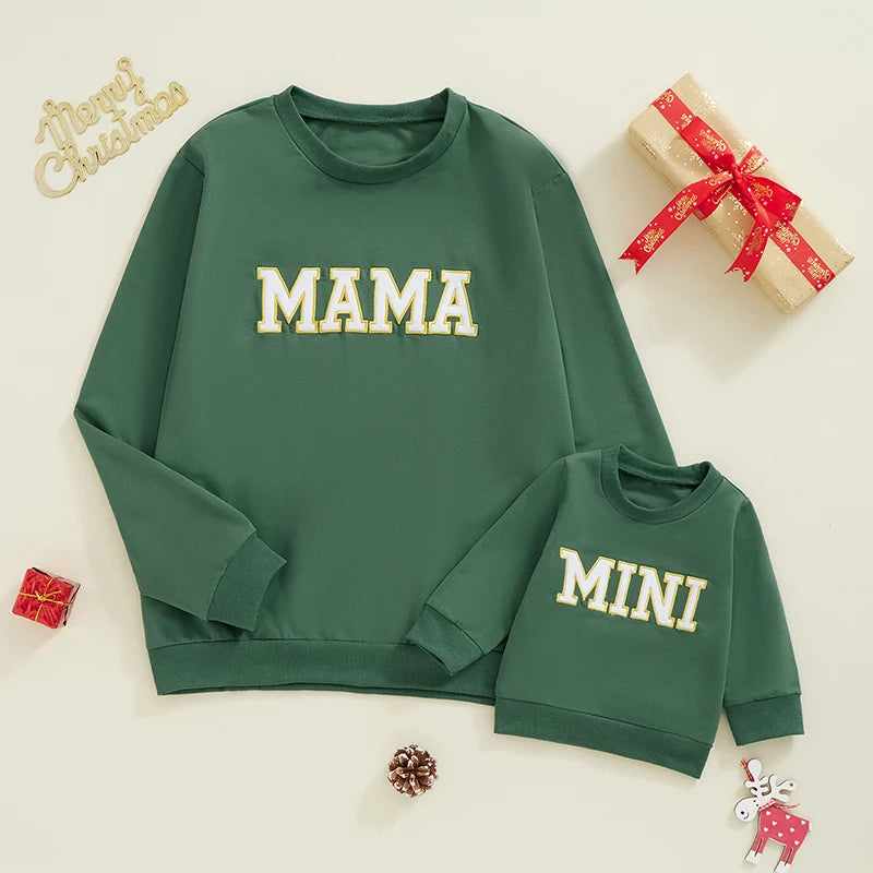 Mama and Mini Matching Outfits Letter Embroidery Long Sleeve Pullovers Fall Sweatshirt Tops