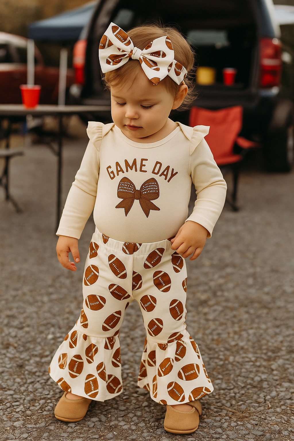 Baby Girl Football Print Romper & Flare Pants – Fall – Toddler Outfit Set