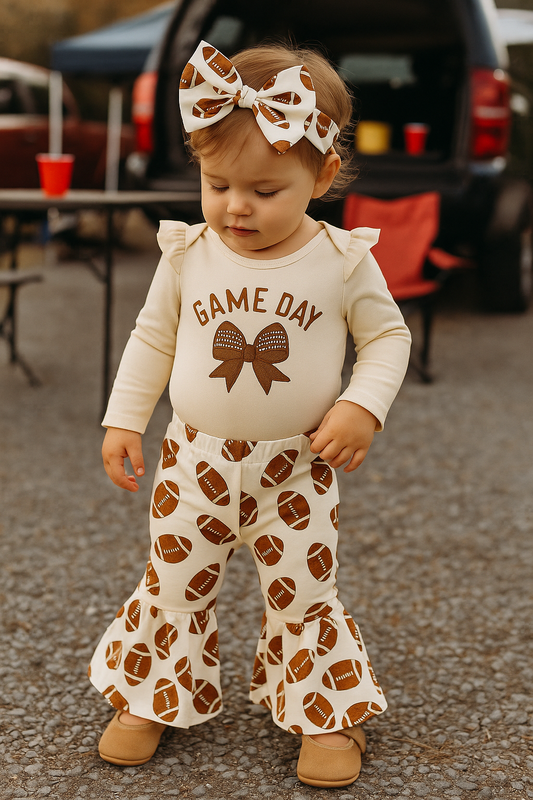 Baby Girl Football Print Romper & Flare Pants – Fall – Toddler Outfit Set
