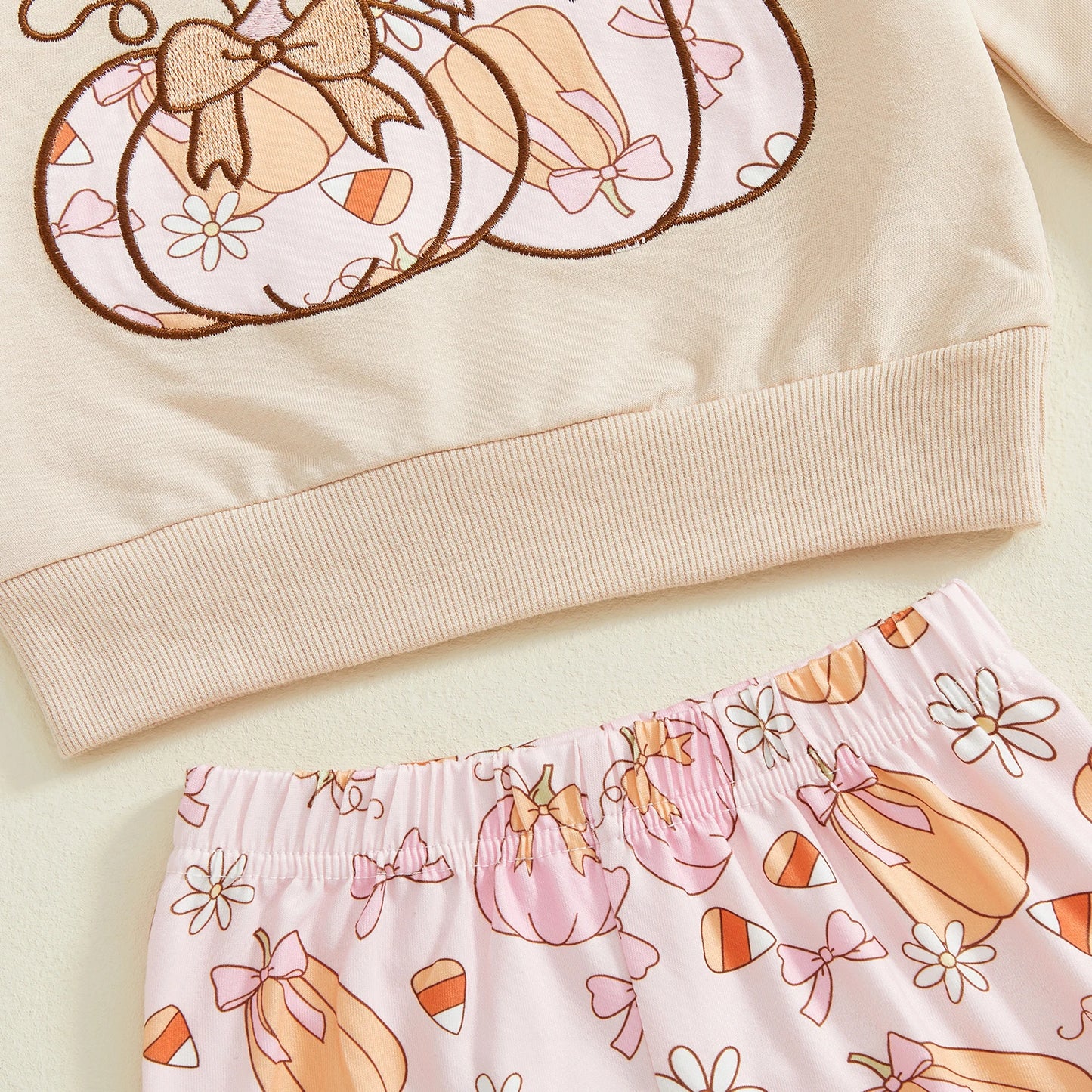 Toddler Girl Fall Pumpkin Outfit - Long Sleeve Top & Ruffle Bell Bottom Pants