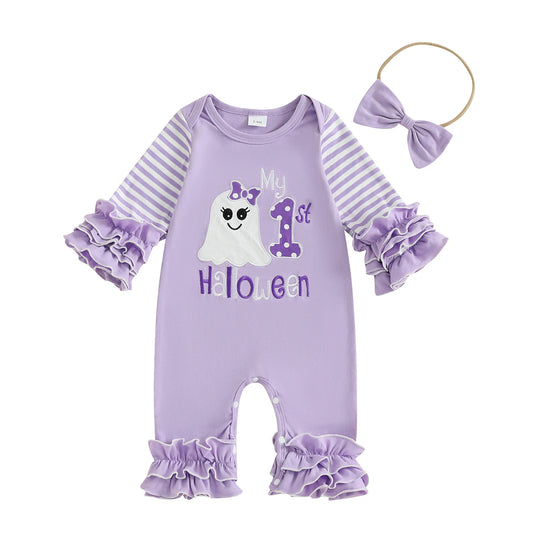 Baby Girl Halloween Outfit Set – Pumpkin & Ghost Embroidery Ruffle Romper with Striped Sleeves + Headband – Infant Toddler Fall Clothes