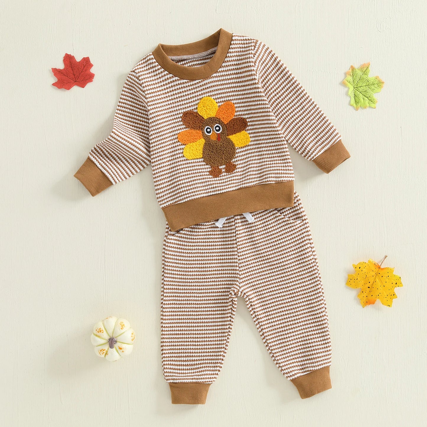 Baby Girl Thanksgiving Outfit Set – Turkey Embroidery Striped Long Sleeve Sweatshirt & Pants – Infant Toddler Fall Clothes