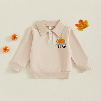 Toddler Baby Boy Pumpkin Lapel Sweatshirt – Halloween/Fall – Long Sleeve Pullover