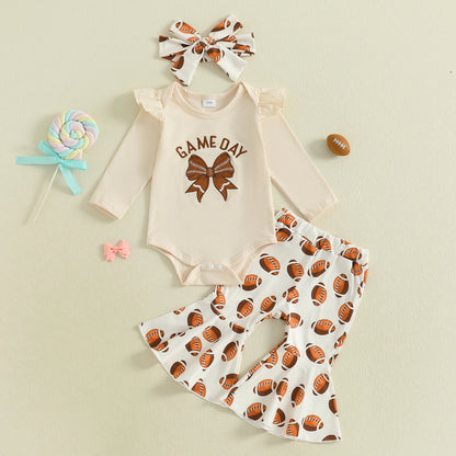Baby Girl Football Print Romper & Flare Pants – Fall – Toddler Outfit Set
