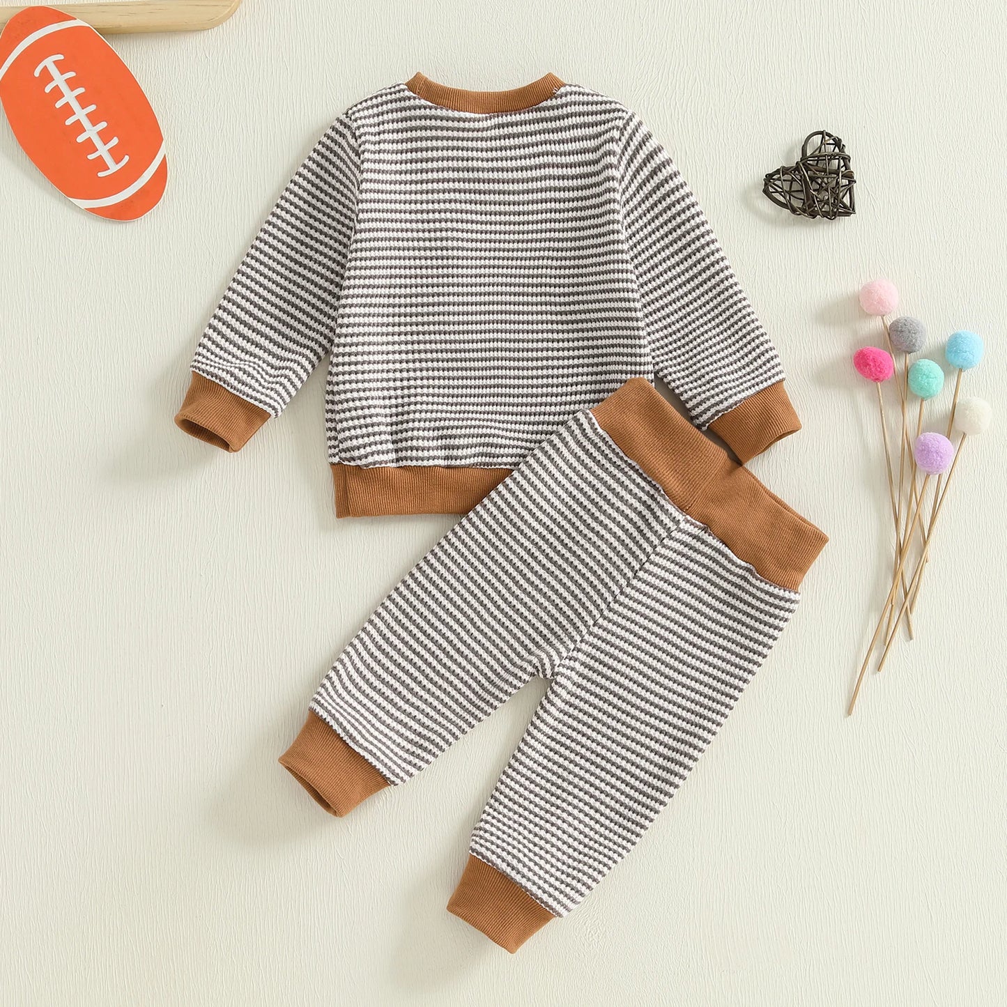 Baby Boy Football Stripe Outfit Set – Long Sleeve Embroidery Top & Striped Pants – Infant Toddler Fall Casual Clothes