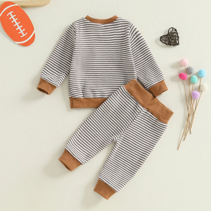 Baby Boy Football Stripe Outfit Set – Long Sleeve Embroidery Top & Striped Pants – Infant Toddler Fall Casual Clothes