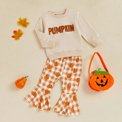 Girls Halloween Set Letter Embroidered Long Sleeve Sweatshirt Plaid Pumpkin Flare Pants Outfits