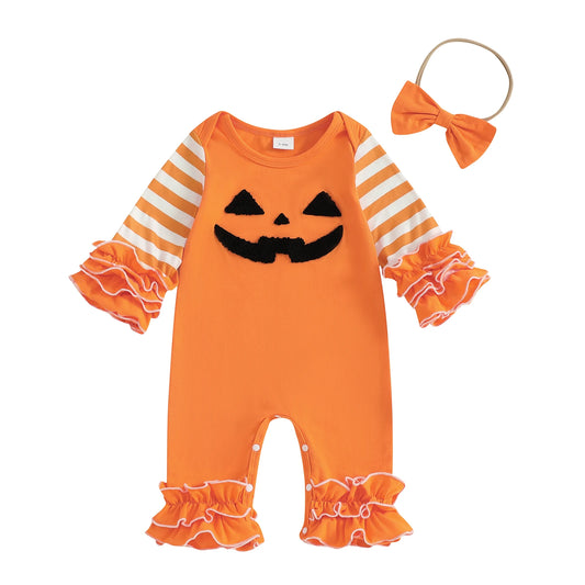Baby Girl Halloween Outfit Set – Pumpkin & Ghost Embroidery Ruffle Romper with Striped Sleeves + Headband – Infant Toddler Fall Clothes