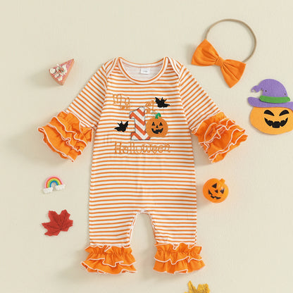 Baby Girl Halloween Outfit Set – Pumpkin & Ghost Embroidery Ruffle Romper with Striped Sleeves + Headband – Infant Toddler Fall Clothes