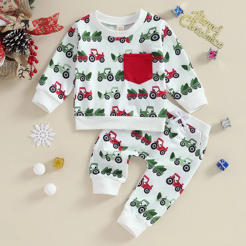 Toddler Baby Boys Girls Christmas Clothes Sets Xmas Tree Print Long Sleeve Pullover Sweatshirts Pants