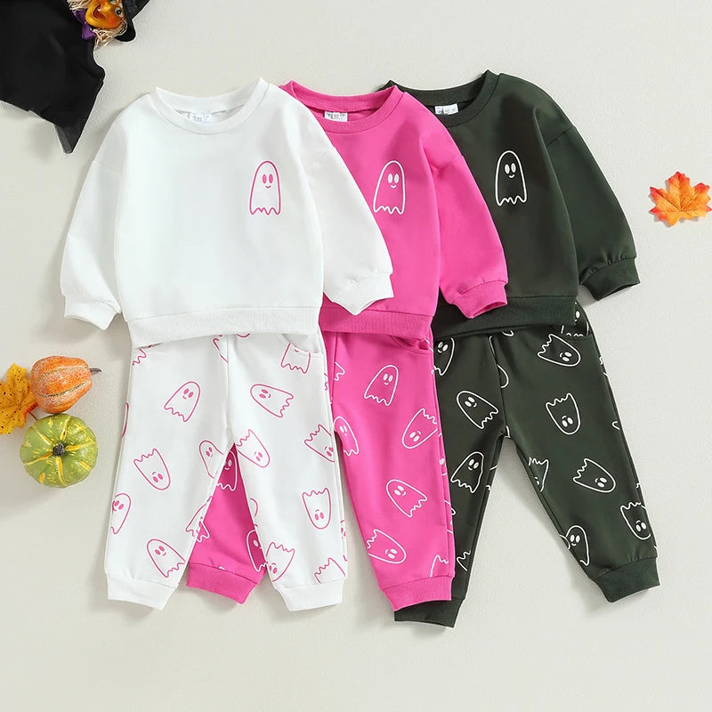Toddler Girls Boys Fall Outfits Ghost Print Crew Neck Long Sleeve Sweatshirts Long Pants Halloween Outfit
