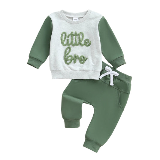 Baby Boy Little Bro Outfit – Fall/Spring – Letter Embroidery Pullover & Solid Pants Set
