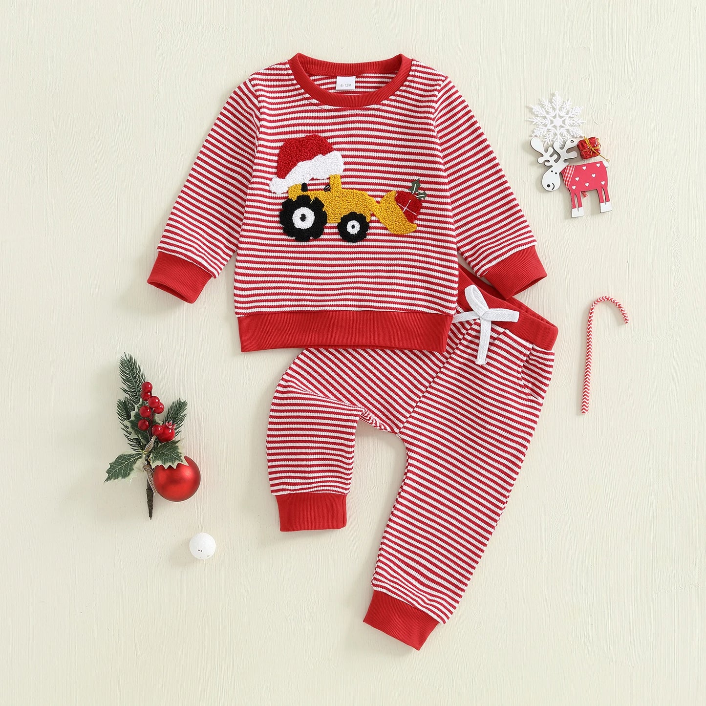 Baby Boy Christmas Tractor Outfit – Fall/Winter – Striped Sweatsuit Set