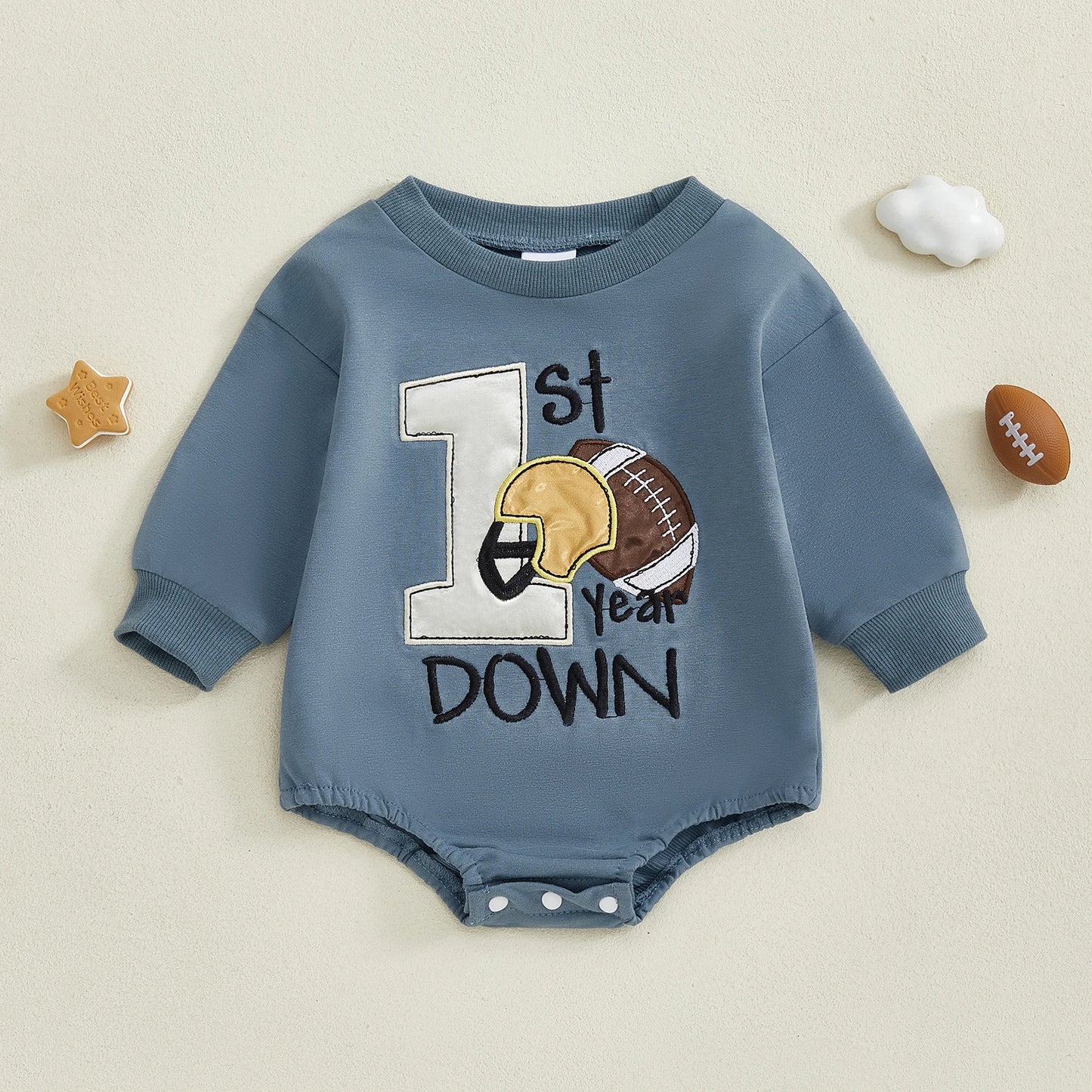 Baby Boy Football Romper – "1st Year Down" Long Sleeve Jumpsuit – Infant Toddler Outfit for Fall, Spring, Baby Shower Gifts