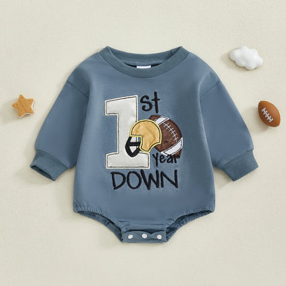 Baby Boy Football Romper – "1st Year Down" Long Sleeve Jumpsuit – Infant Toddler Outfit for Fall, Spring, Baby Shower Gifts