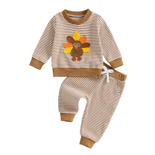 Baby Girl Thanksgiving Outfit Set – Turkey Embroidery Striped Long Sleeve Sweatshirt & Pants – Infant Toddler Fall Clothes