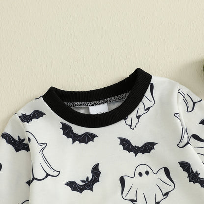 Baby Ghost & Bat Print Outfit – Halloween/Fall – Long Sleeve Sweatshirt & Pants Set