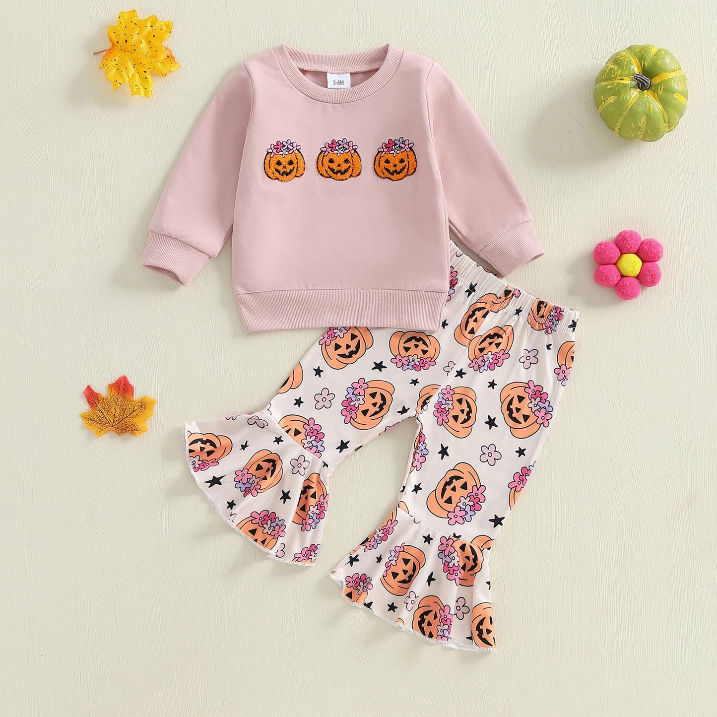 Baby Girl Pumpkin Sweatshirt & Flare Pants – Halloween/Fall – Toddler Outfit Set