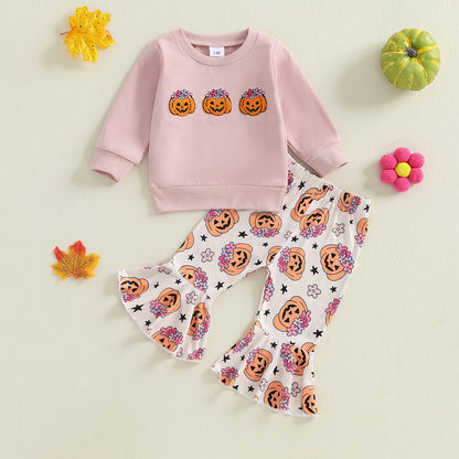 Baby Girl Pumpkin Sweatshirt & Flare Pants – Halloween/Fall – Toddler Outfit Set