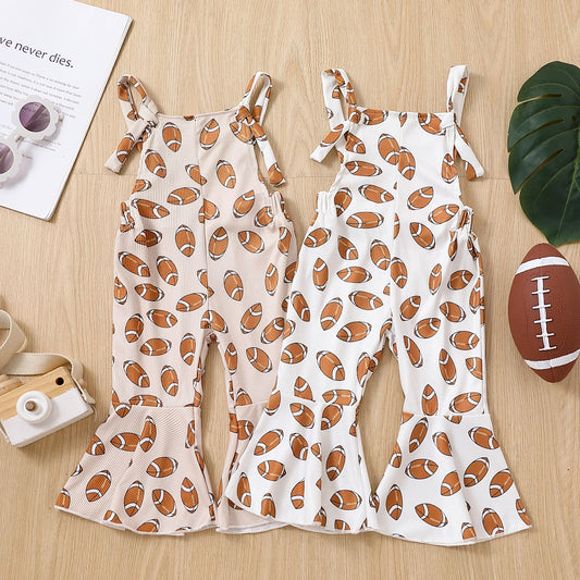 Toddler Girl Strap Jumpsuit Sleeveless Backless Football Rugby Print Romper Bell-Bottoms Romper