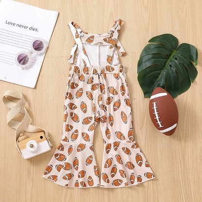 Toddler Girl Strap Jumpsuit Sleeveless Backless Football Rugby Print Romper Bell-Bottoms Romper