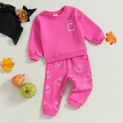 Toddler Girls Boys Fall Outfits Ghost Print Crew Neck Long Sleeve Sweatshirts Long Pants Halloween Outfit