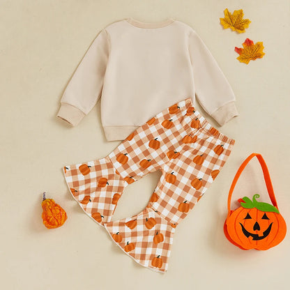 Girls Halloween Set Letter Embroidered Long Sleeve Sweatshirt Plaid Pumpkin Flare Pants Outfits