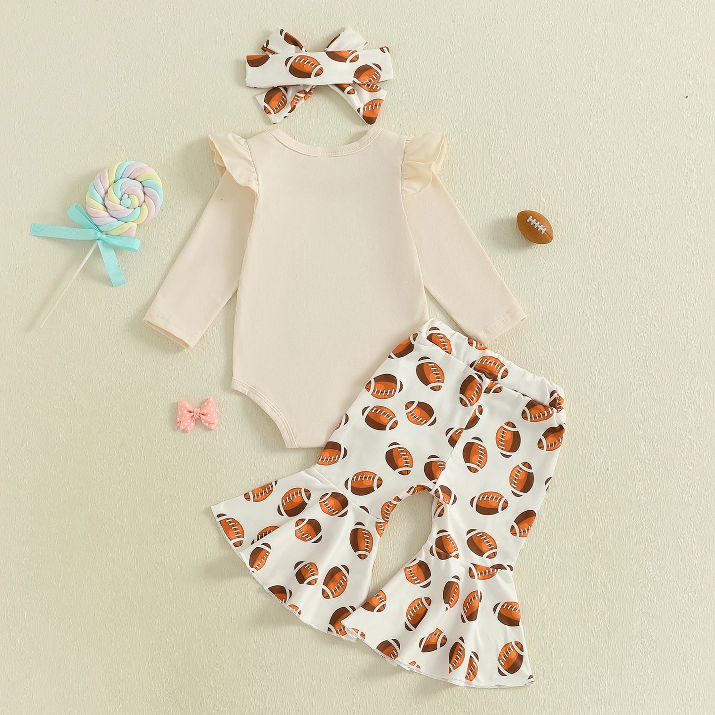 Baby Girl Football Print Romper & Flare Pants – Fall – Toddler Outfit Set