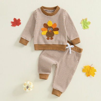 Baby Girl Thanksgiving Outfit Set – Turkey Embroidery Striped Long Sleeve Sweatshirt & Pants – Infant Toddler Fall Clothes